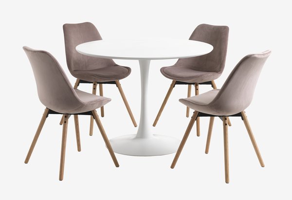RINGSTED Ø100 table blanc+4 KASTRUP chaises rose velours