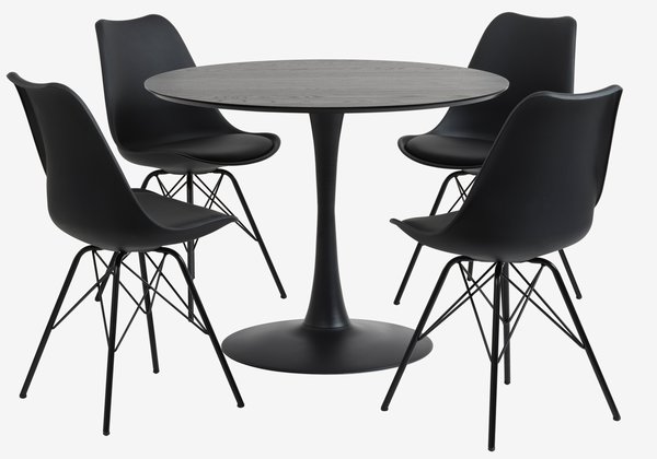 RINGSTED Ø100 table noir + 4 KLARUP chaises noir