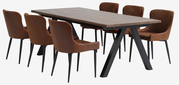 Mesa SANDBY L210 roble oscuro + 4 sillas PEBRINGE marrón