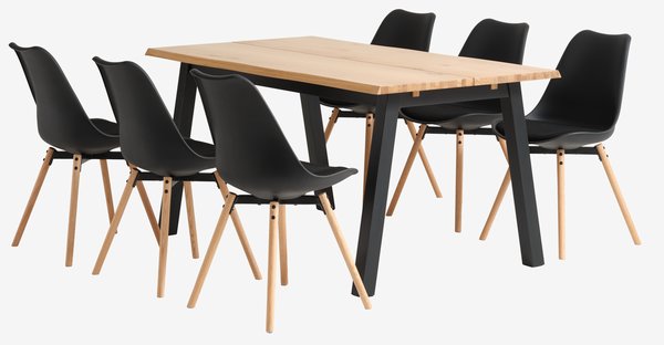 SKOVLUNDE D160 stôl prírodný dub + 4 KASTRUP stoličky čierna