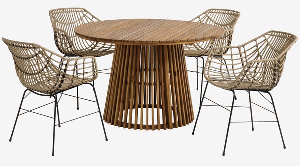 HOLTE Ø120 τραπέζι σκληρό ξύλο + 4 ILDERHUSE καρέκλες φυσικό