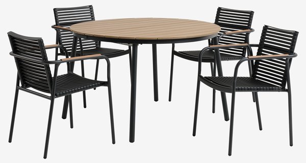 Table TAGEHOLM L118/168 naturel + 4 chaises NABE noir