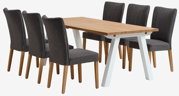 Table SKAGEN L200 blanc/chêne + 4 chaises NORDRUP gris