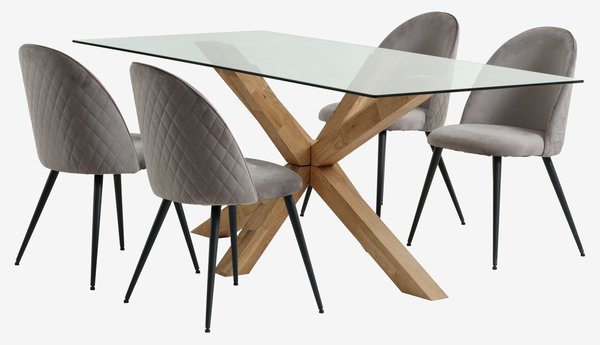 Table AGERBY L190 chêne + 4 chaises KOKKEDAL velours gris