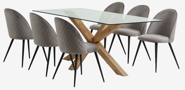AGERBY L190 bord eik + 4 KOKKEDAL stol fløyel grå