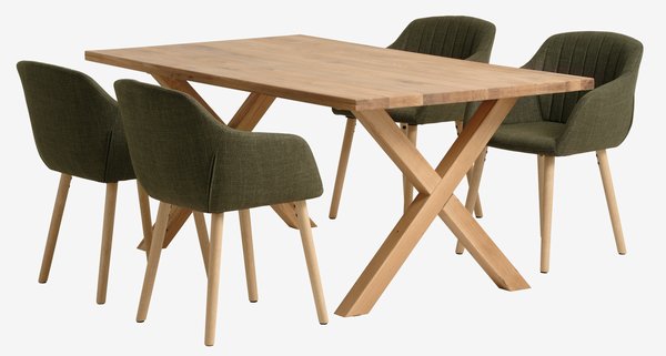 GRIBSKOV L180 bord eik + 4 ADSLEV stol olivengrønn