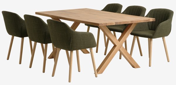 Table GRIBSKOV L180 chêne + 4 chaises ADSLEV olive