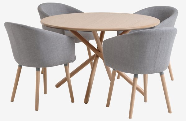 SKIBET Ø120 table chêne clair + 4 KLOSTER chaises gris clair