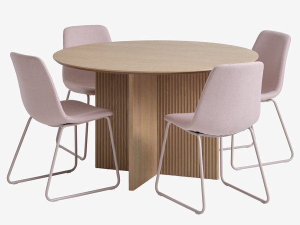 Table VESTERBORG Ø130 chêne + 4 chaises SEJLSTRUP rose clair