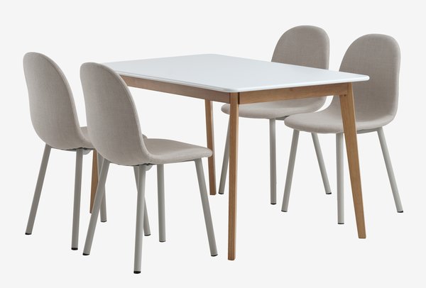 Table JEGIND L130 blanc + 4 chaises EJSTRUP beige