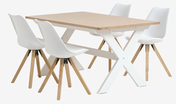 Table VISLINGE L150 naturel + 4 chaises BLOKHUS blanc