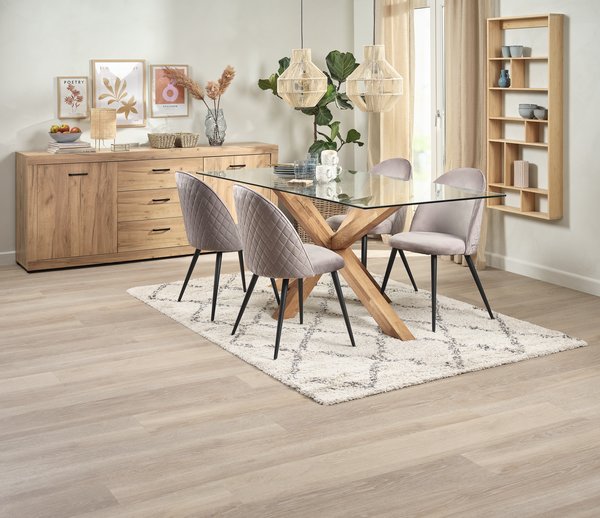 Mesa AGERBY L190 roble + 4 sillas KOKKEDAL terciopelo gris