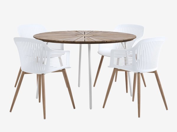 BASTRUP Ø120 table acacia/blanc + 4 VANTORE chaises blanc
