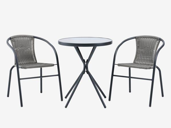 Table RADSTRUP Ø60 noir + 2 chaises GRENAA empilable noir