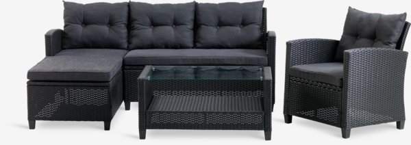 Set muebles jardín MORA 4 plazas chaise longue negro