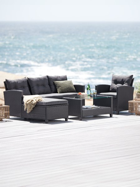 Lounge set MORA 4 lugares com chaise-longue preto