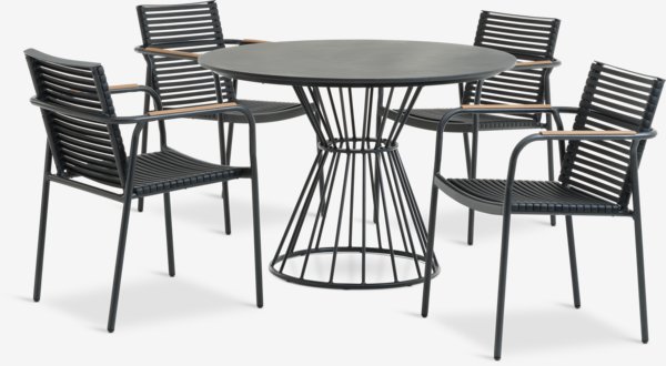 FAGERNES Ø110 pöytä harmaa + 4 NABE tuoli musta