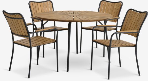 Mesa BASTRUP Ø120 + 4 sillas BASTRUP madera dura/negro