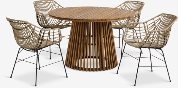 Tavolo HOLTE Ø120 cm legno duro + 4 sedie ILDERHUSE naturale