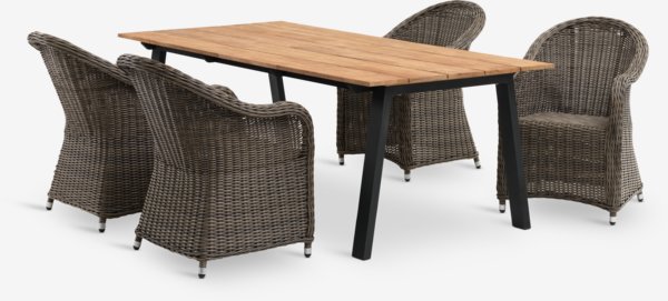 BARSMARK L210 bord teak + 4 GAMMELBY stole grå