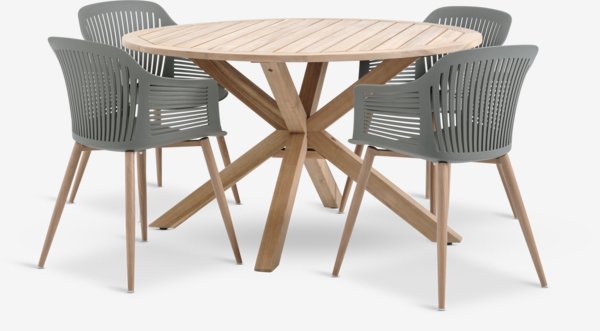 Tavolo HESTRA Ø126 cm legno duro + 4 sedie VANTORE oliva