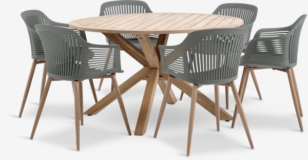 Table HESTRA Ø126 bois dur + 4 chaises VANTORE olive