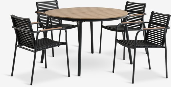 TAGEHOLM L118/168 table naturel + 4 NABE chaises noir