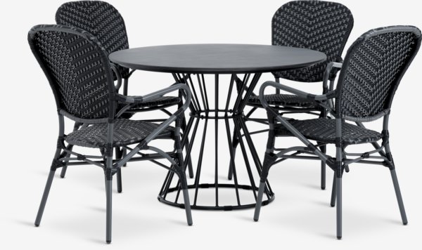 FAGERNES Ø110 tafel + 4 SAKSBORG stoelen grijs