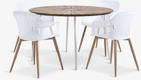 BASTRUP Ø120 table acacia/blanc + 4 VANTORE chaises blanc