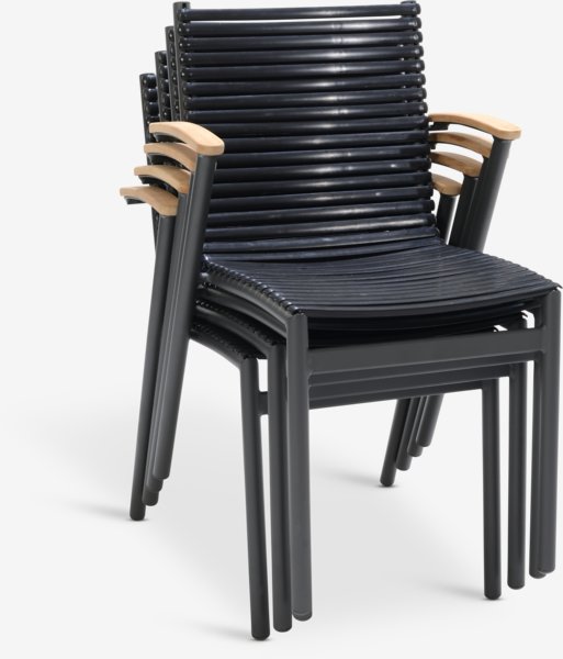 Table EBBESKOV L196 teck + 4 chaises SADBJERG empilable noir