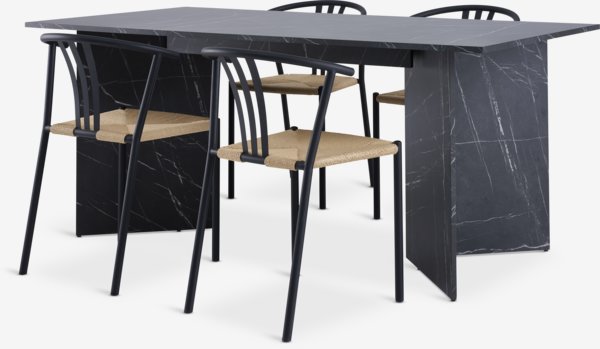 Mesa KRONDAL L180 mármol + 4 sillas JYDERUP negro/natural