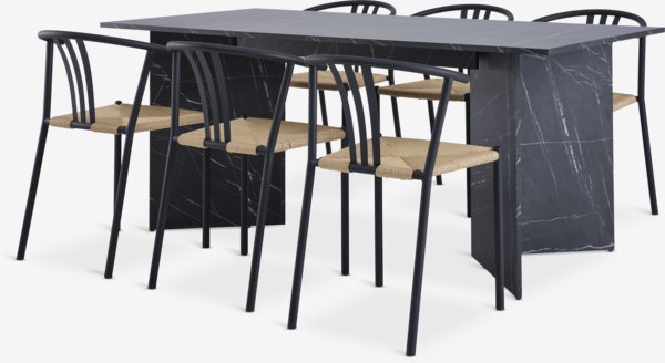 Mesa KRONDAL L180 mármol + 4 sillas JYDERUP negro/natural