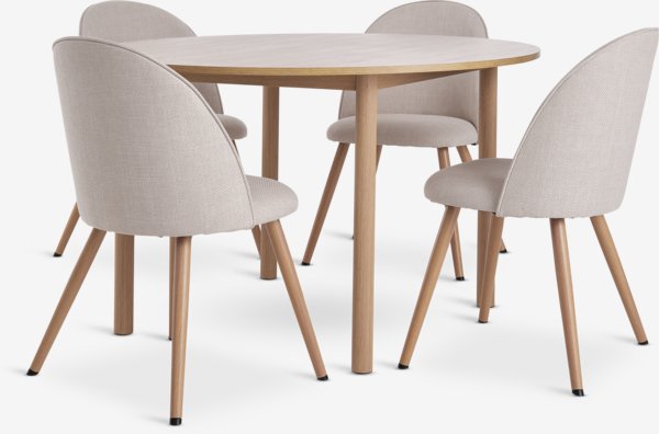 ALSTED Ø120 tafel eiken + 4 THORUP stoelen beige/eiken