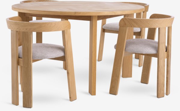 HARESKOV D130 table oak + 4 BOVRUP chairs oak/beige