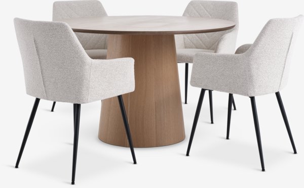 Mesa KLIPLEV Ø120 roble + 4 sillas PURHUS blanco crudo/negro