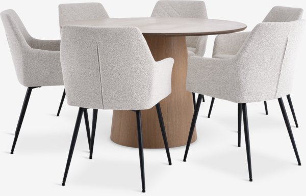 KLIPLEV Ø120 table chêne + 4 PURHUS chaises blanc cassé/noir