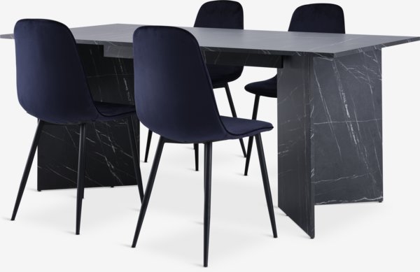 KRONDAL L180 table marble + 4 BISTRUP chairs b. dark velvet