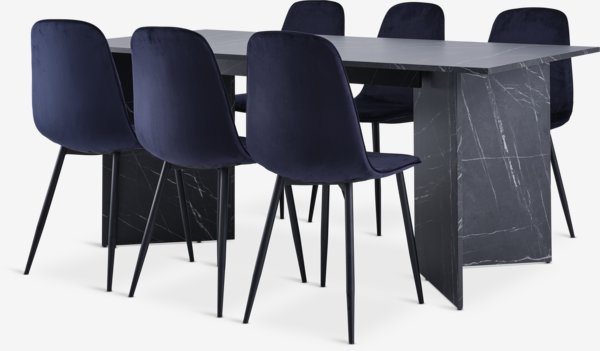 KRONDAL L180 table marble + 4 BISTRUP chairs b. dark velvet