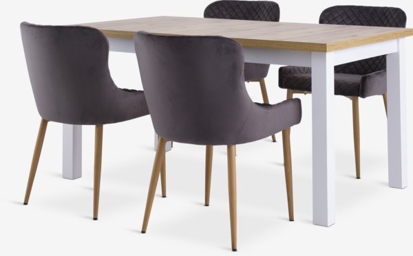 MARKSKEL L150/193 table + 4 PEBRINGE Stühle grau Samt