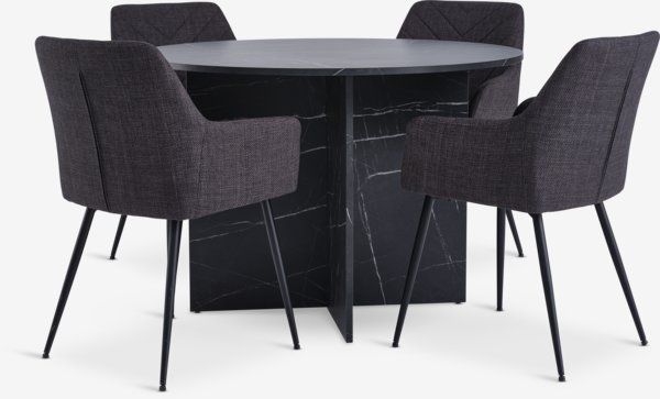 KRONDAL Ø110 tafel marmer + 4 PURHUS stoelen grijs/zwart