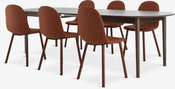 MARSTRAND L200/280 bord mörk ek + 4 EJSTRUP stol terracotta