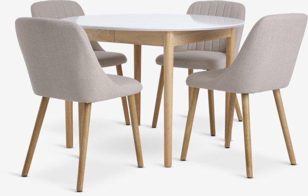 MARSTRAND Ø110 table blanc + 4 ADSLEV sans accoudoirs beige