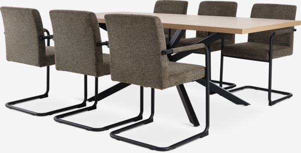 Table NORTOFT L200 chêne + 4 chaises ESPE olive/noir