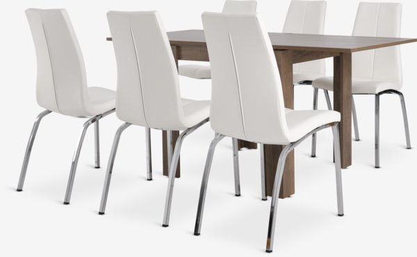 VEDDE L80/160 table wild oak + 4 HAVNDAL white/chrome