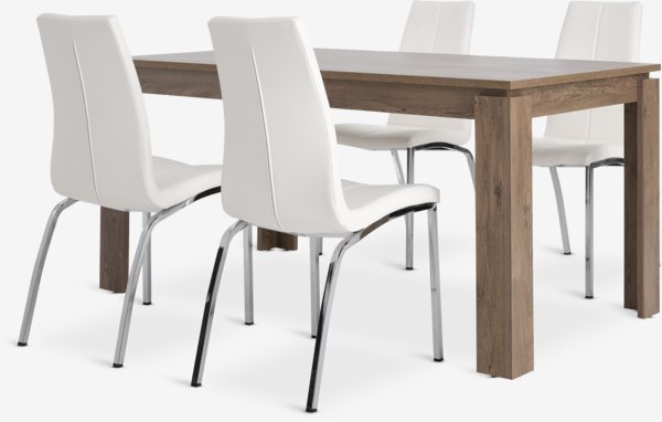 VEDDE L160 table wild oak + 4 HAVNDAL white/chrome