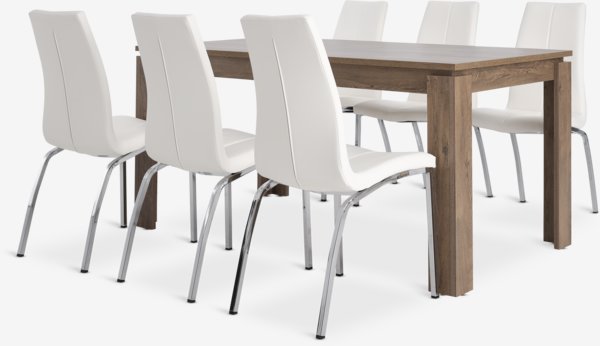 VEDDE L160 table wild oak + 4 HAVNDAL white/chrome