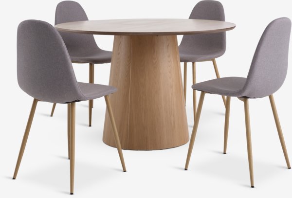 KLIPLEV Ø120 table chêne + 4 TINGLEV chaises gris/chêne