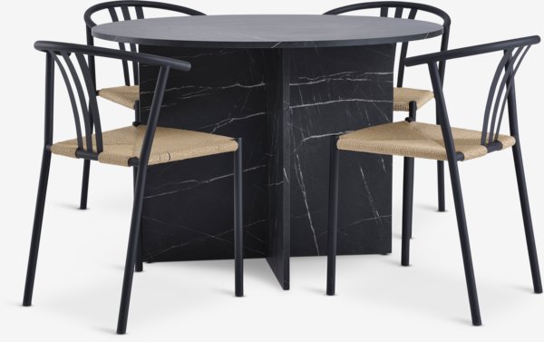 KRONDAL Ø110 table marbre + 4 JYDERUP noir/naturel