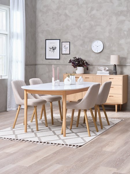 MARSTRAND Ø110 tafel wit + 4 ADSLEV zonder armleuning beige