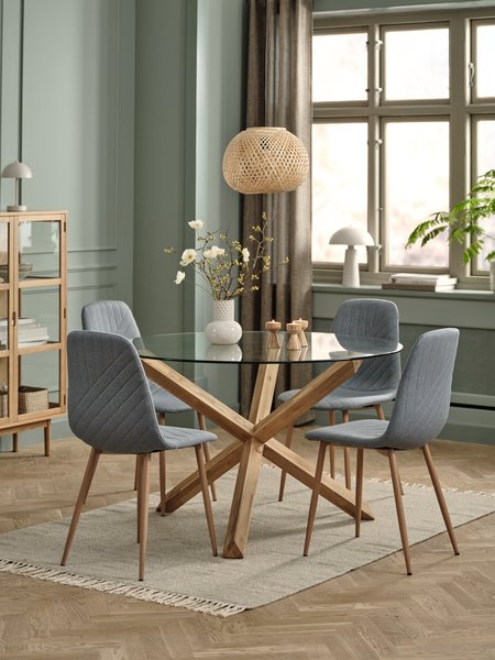 Table AGERBY Ø119 chêne + 4 chaises JONSTRUP bleu clair